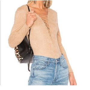 T by Alexander Wang
Faux-suede Long-sleeve Lace-up Bodysuit Beige Top